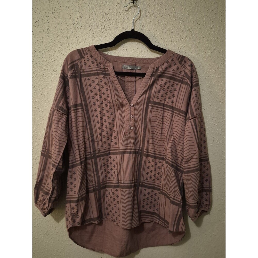 Prana Elena Top Plaid Blouse 'Dark Mauve' Size M $79 MSRP Organic Sustainable